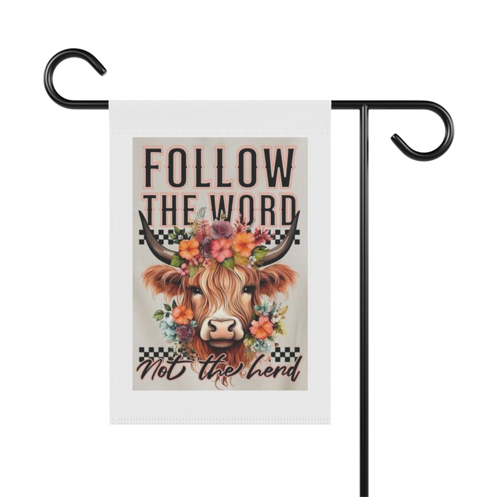 Garden Flag — “Follow the Word Not the Herd” Floral Cow Yard Banner