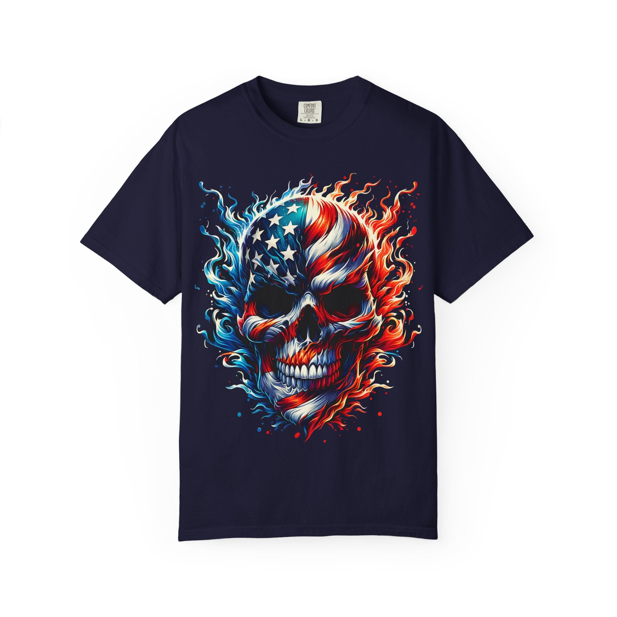 Patriotic Flame Skull T-Shirt — American Flag Skull Graphic Tee
