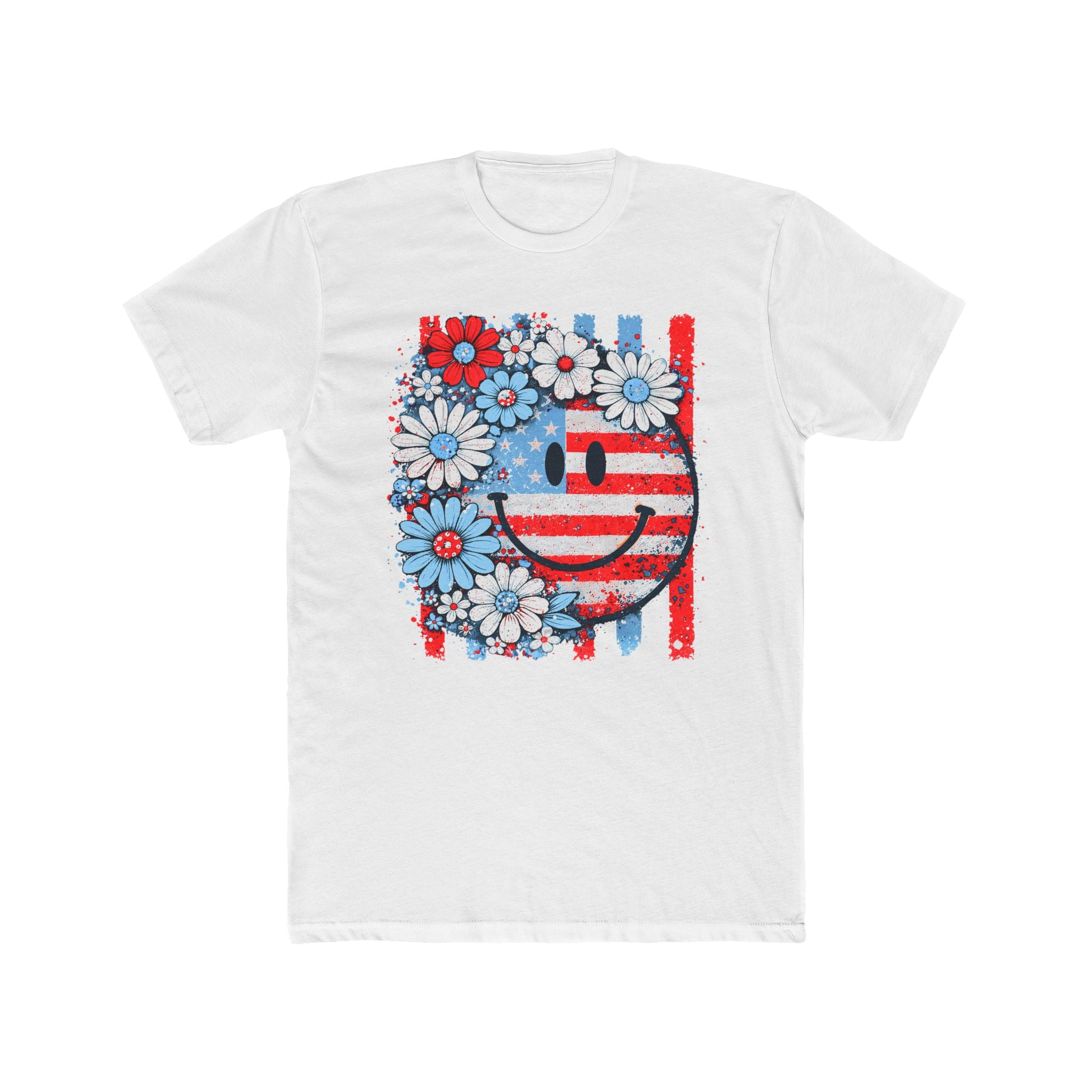 Smiley Flag Daisy T-Shirt — Patriotic Floral USA Tee for 4th of July