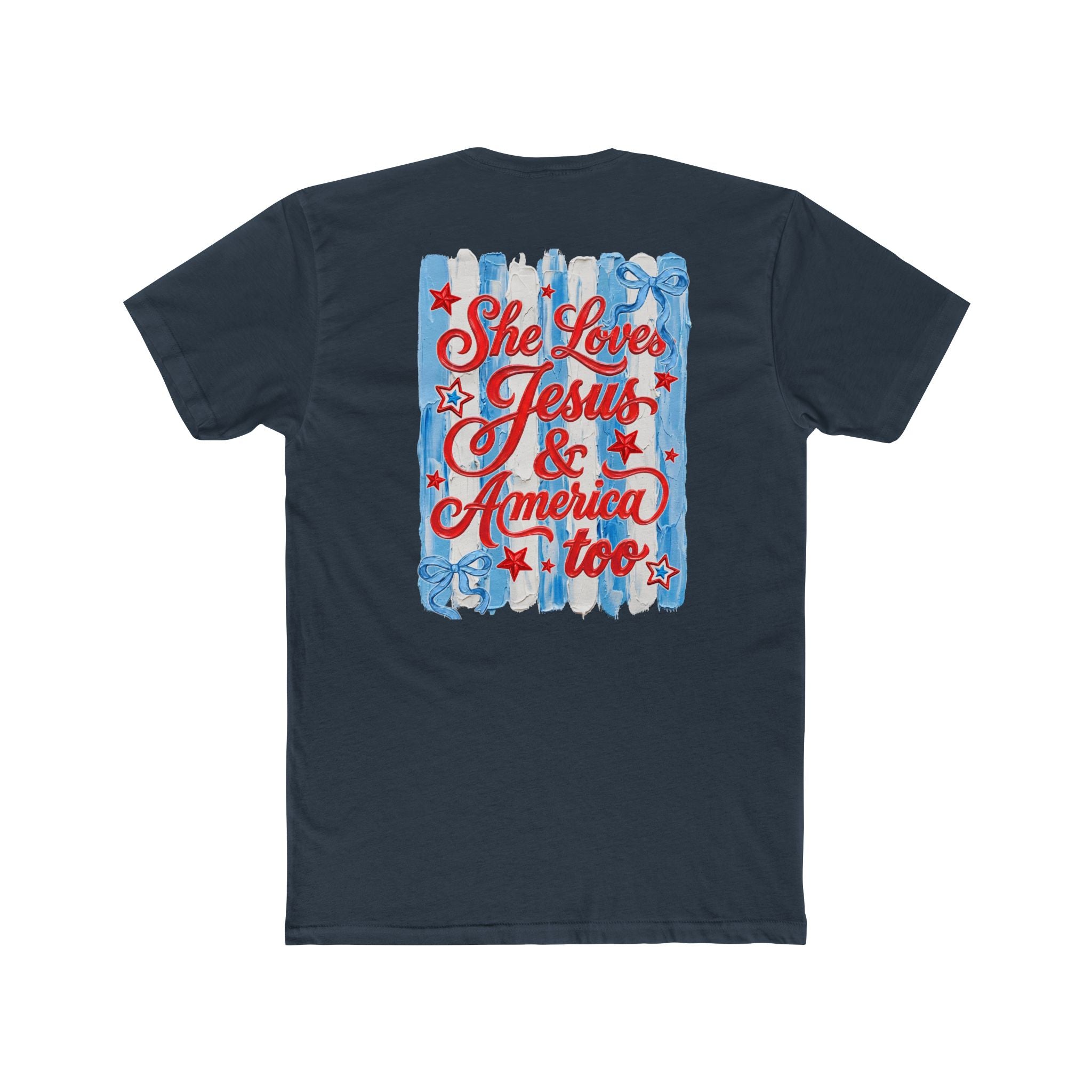 She Loves Jesus & America Too T‑Shirt — Patriotic American Flag Bow Tee